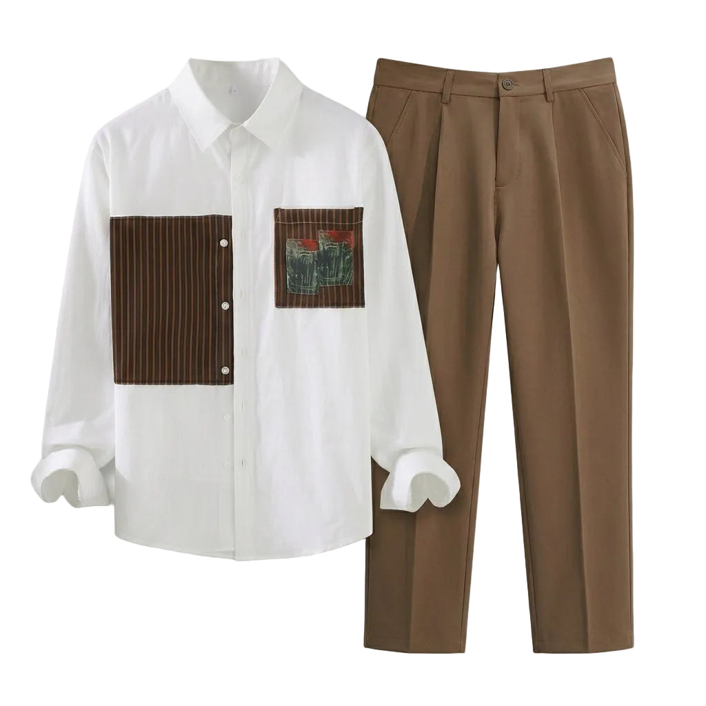 White shirt with brown patchwork design and brown pants on a light gray background