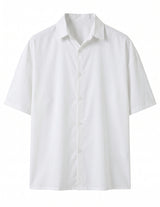 White short-sleeve button-up shirt on a white background