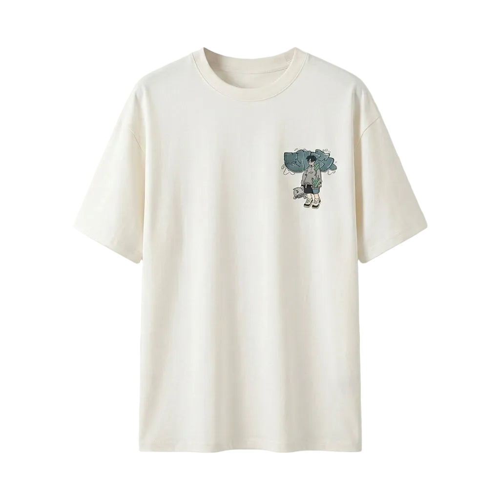 White t-shirt with a graphic design on a light gray background