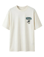 White t-shirt with a graphic design on a light gray background