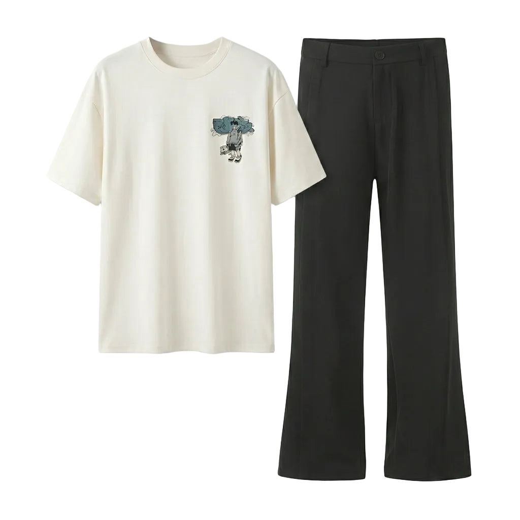 White t-shirt with graphic design and black pants on a light gray background