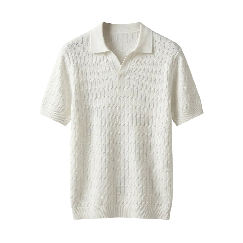 White textured polo shirt on a light gray background