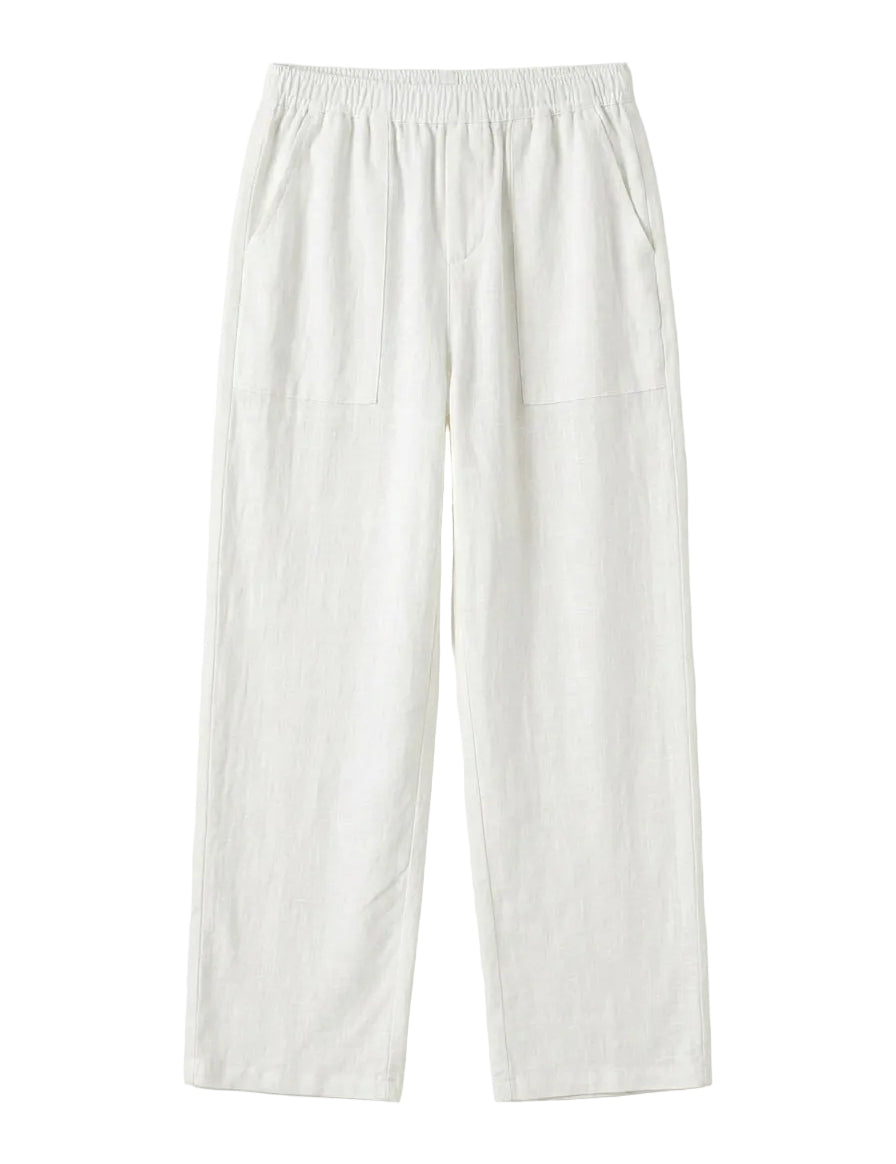White textured relaxed-fit pants with straight legs on a white background.