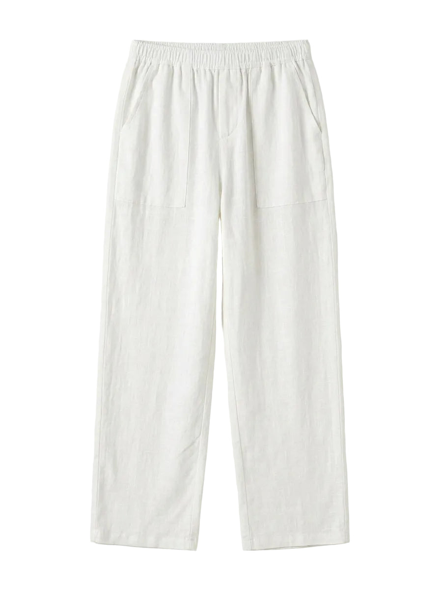 White textured relaxed-fit pants with straight legs on a white background.