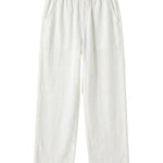 White textured relaxed-fit pants with straight legs on a white background.