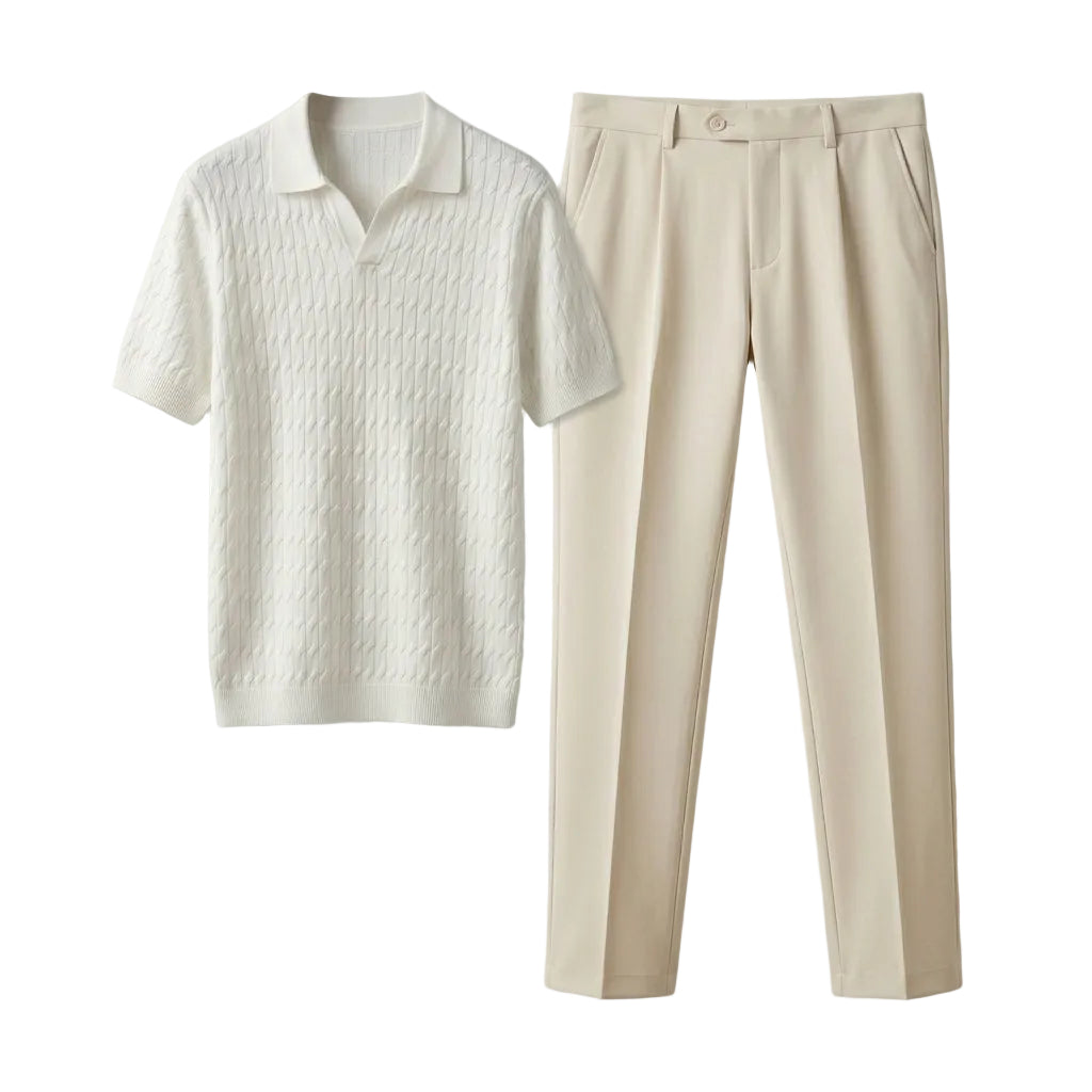 White textured shirt and beige pants on a light gray background
