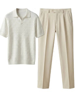 White textured shirt and beige pants on a light gray background
