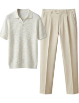 White textured shirt and beige pants on a light gray background