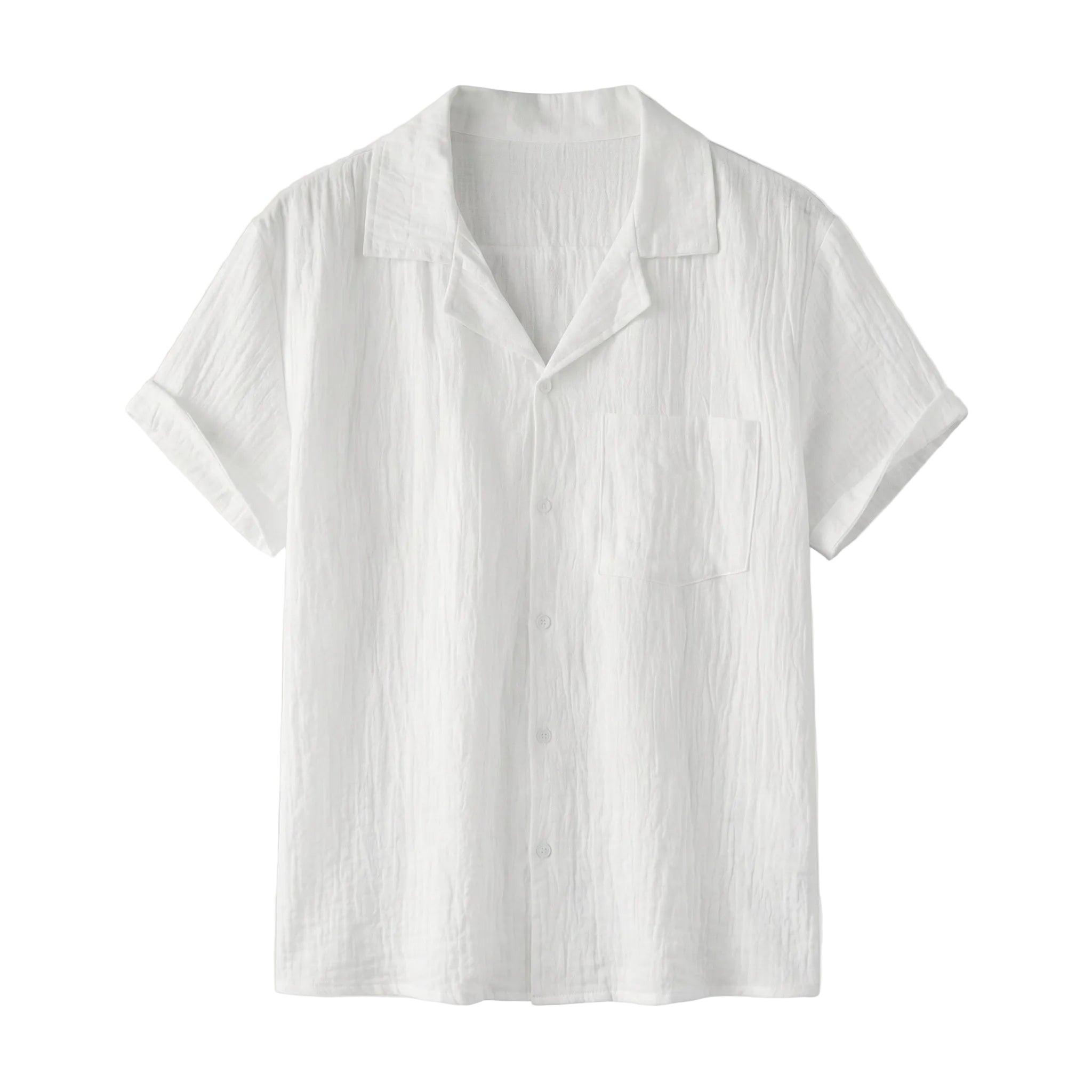 White textured short-sleeve button-up summer shirt with camp collar and chest pocket on a white background.