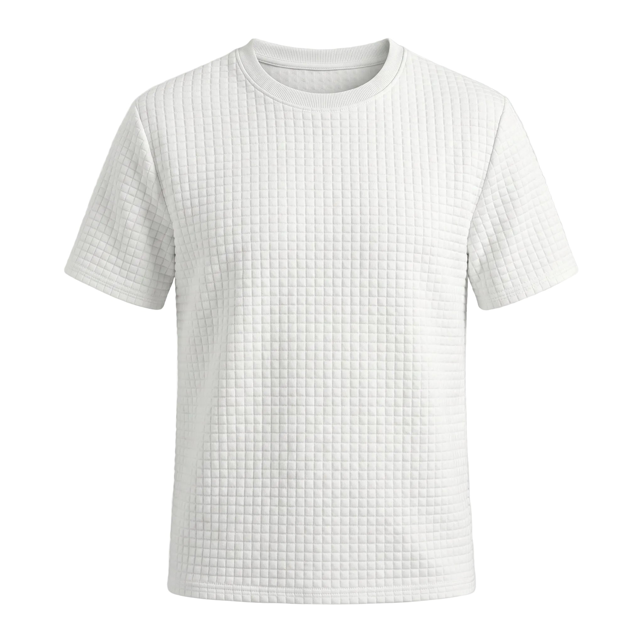 White textured short-sleeve summer T-shirt with crew neck on a white background.