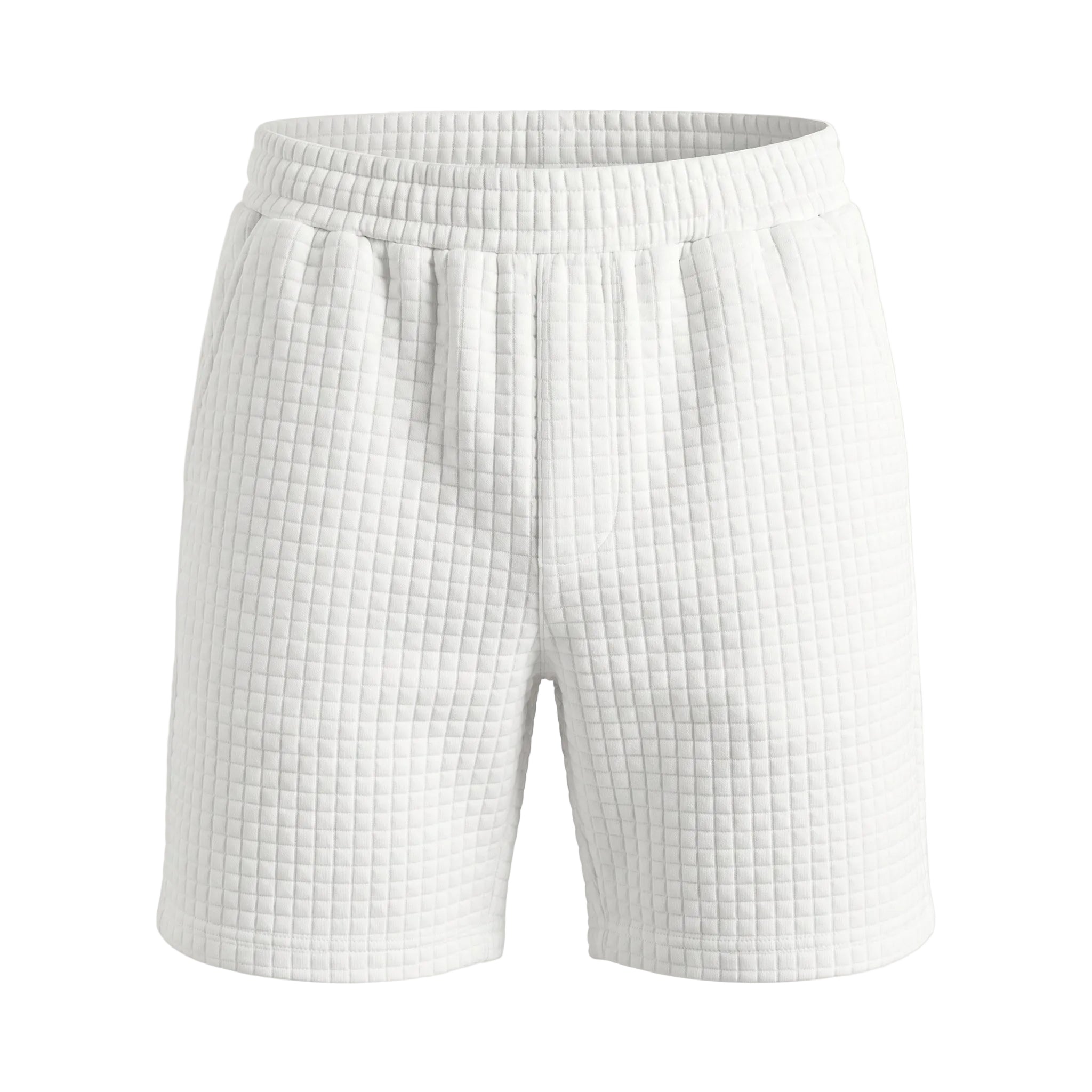 White textured summer shorts with elastic waistband on a white background.