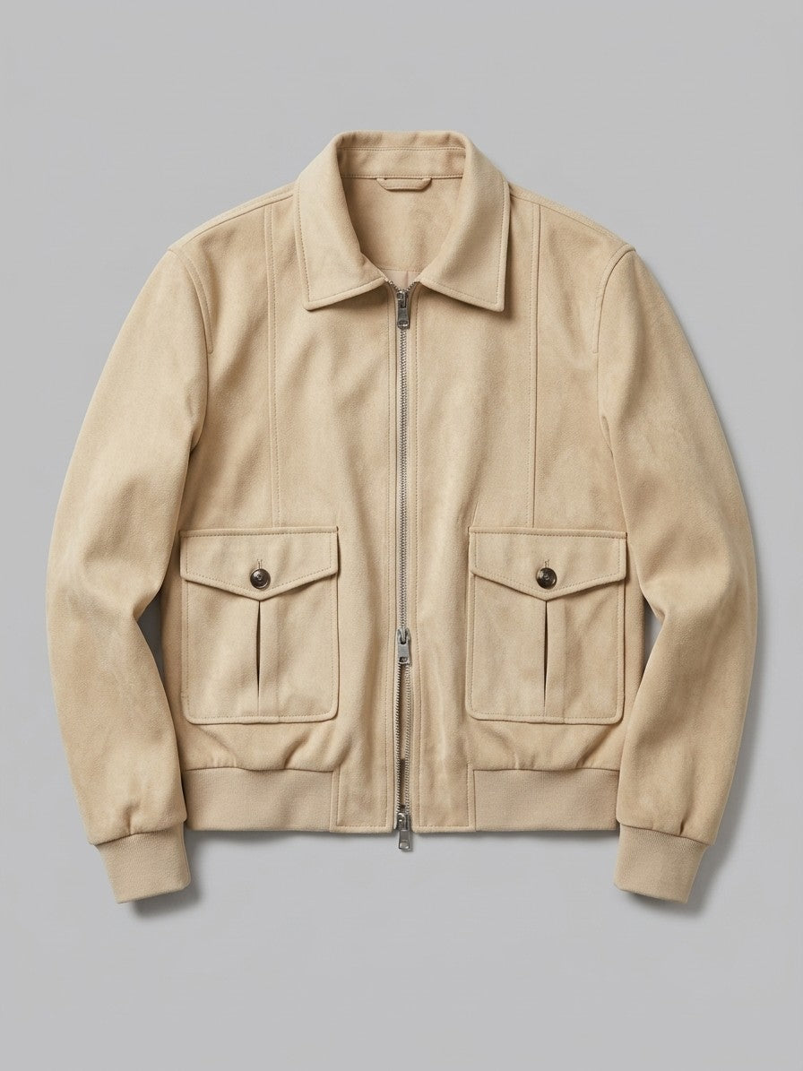 Abetone Men's Pleated-Pocket Suede Flight Jacket — beige — packshot