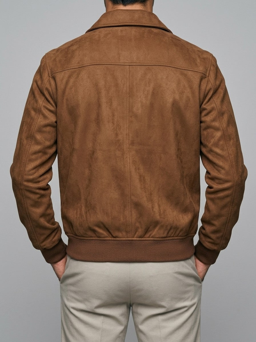 Abetone Men's Pleated-Pocket Suede Flight Jacket — brown — back