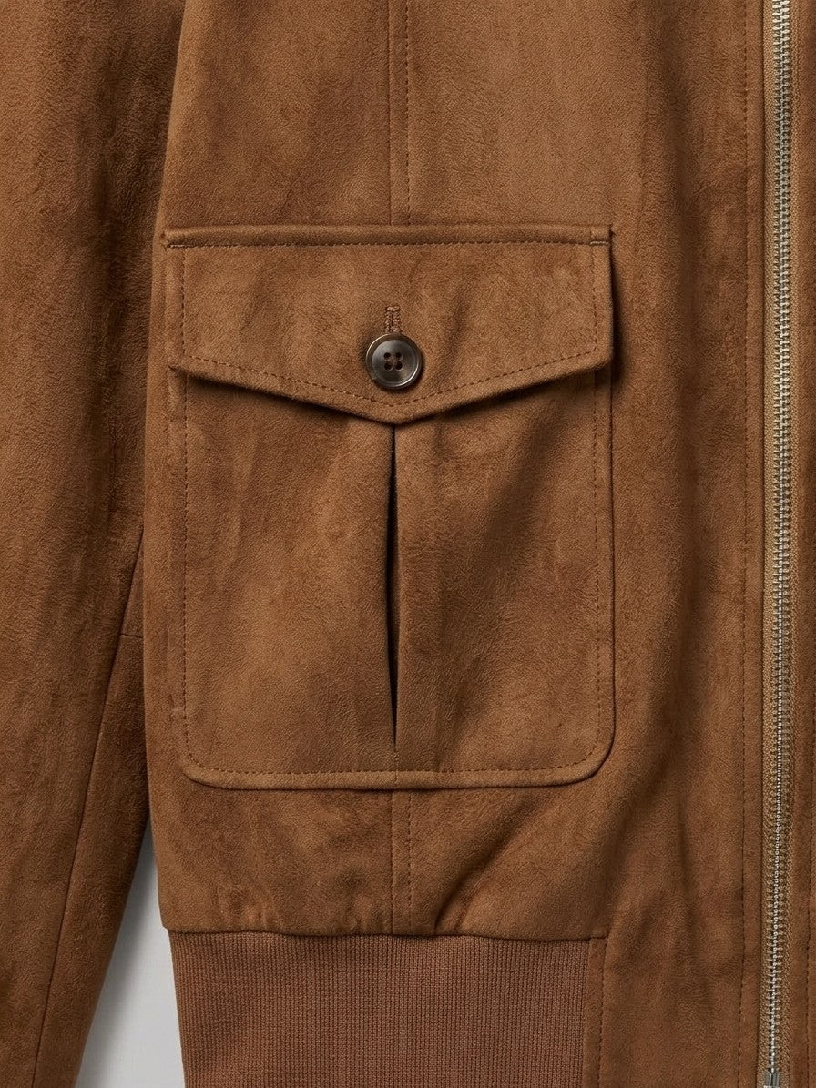 Abetone Men's Pleated-Pocket Suede Flight Jacket — brown — detail-2