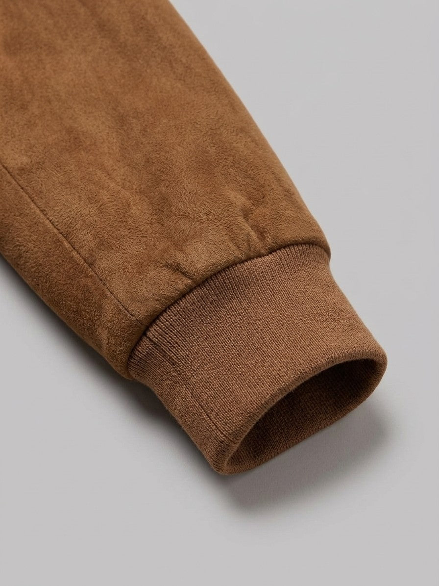 Abetone Men's Pleated-Pocket Suede Flight Jacket — brown — detail-collar