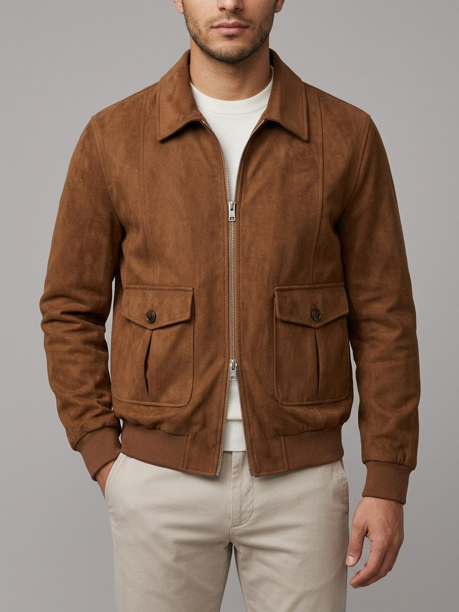Abetone Men's Pleated-Pocket Suede Flight Jacket — brown — front