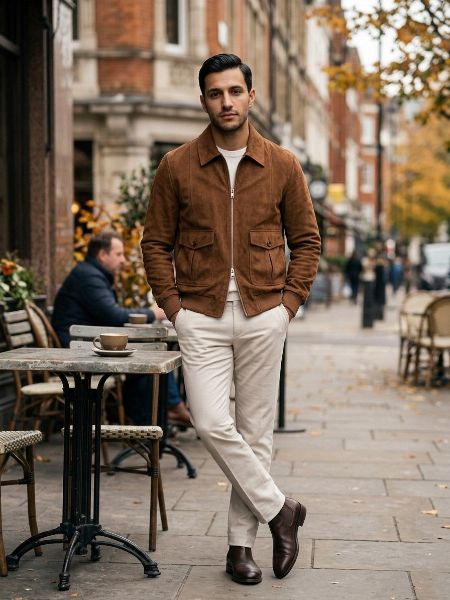 Abetone Men's Pleated-Pocket Suede Flight Jacket — brown — lifestyle