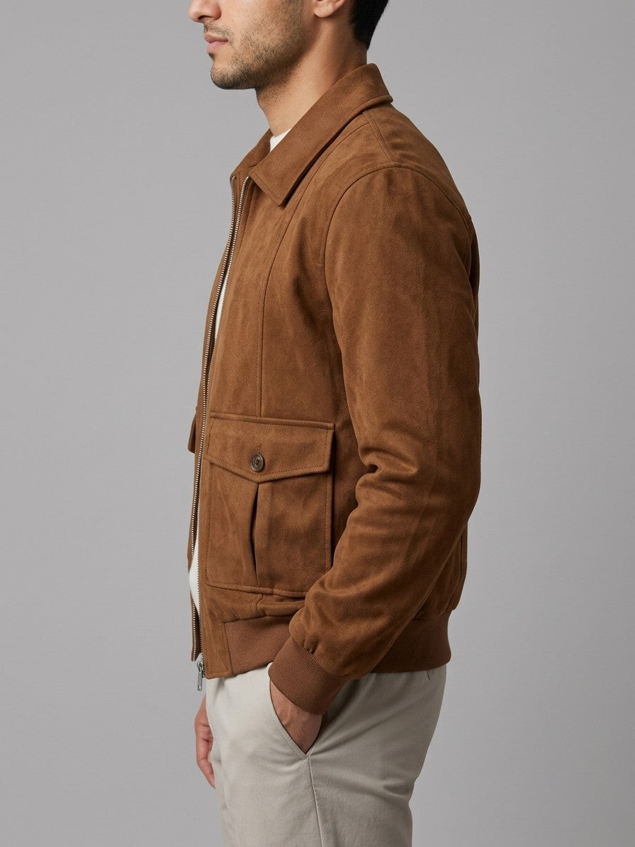 Abetone Men's Pleated-Pocket Suede Flight Jacket — brown — side