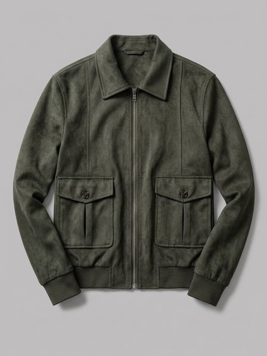 Abetone Men's Pleated-Pocket Suede Flight Jacket — olive — packshot