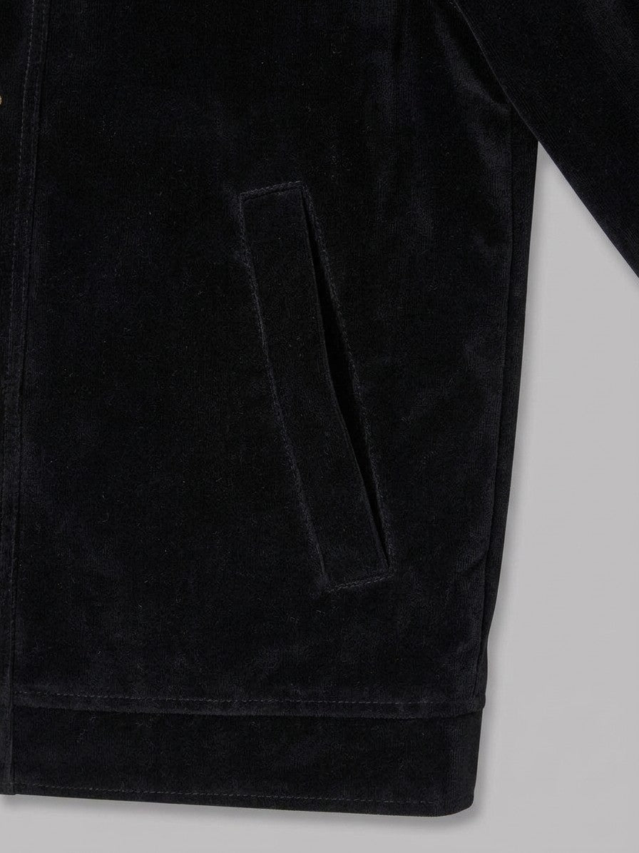 Acerra Men's Fireman-Clasp Velvet Work Jacket — black — detail-collar