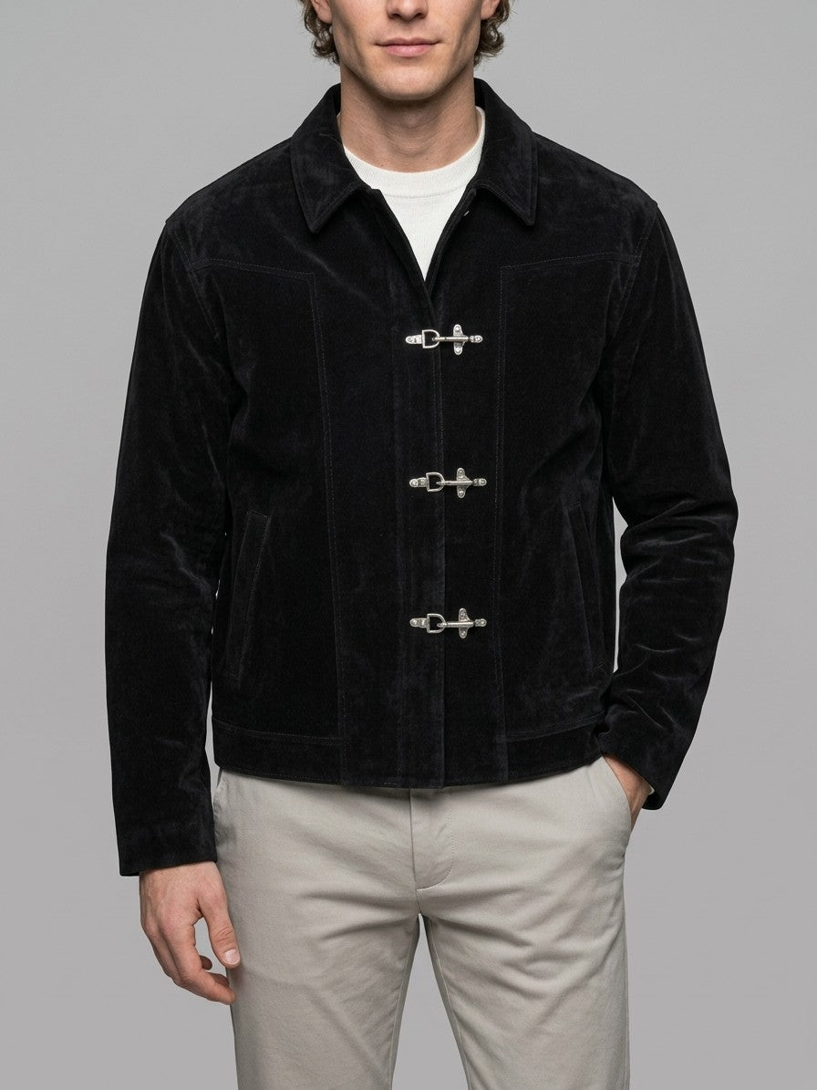 Acerra Men's Fireman-Clasp Velvet Work Jacket — black — front