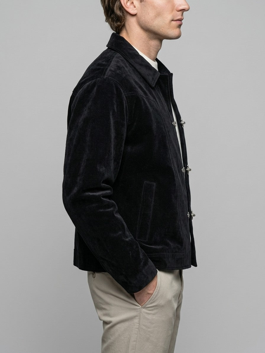 Acerra Men's Fireman-Clasp Velvet Work Jacket — black — side
