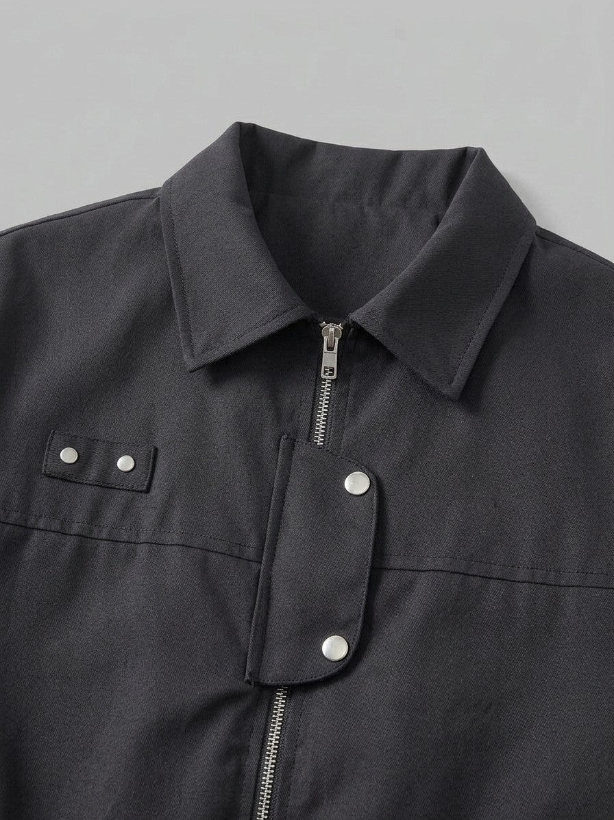 Acireale Men's Collared Snap-Tab Bomber Jacket — black — detail-2