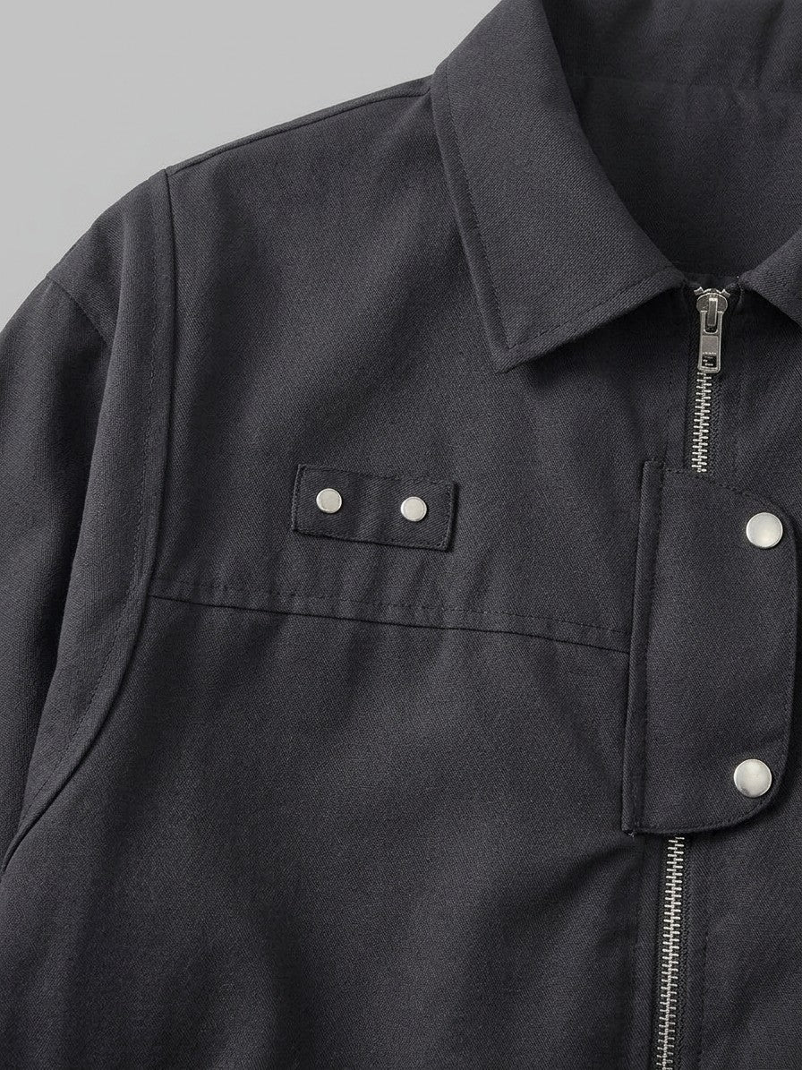 Acireale Men's Collared Snap-Tab Bomber Jacket — black — detail-collar