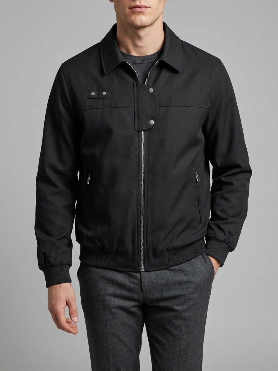 Acireale Men's Collared Snap-Tab Bomber Jacket — black — front