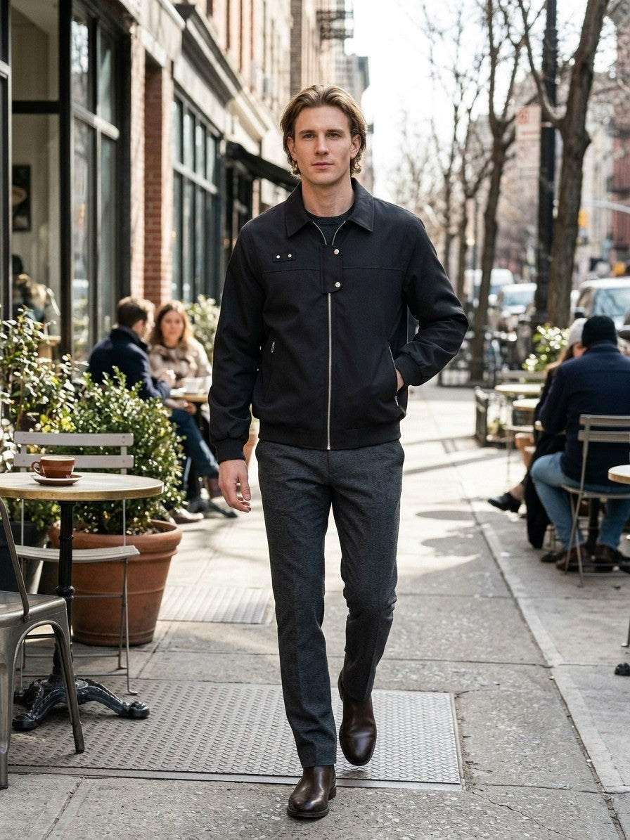 Acireale Men's Collared Snap-Tab Bomber Jacket — black — lifestyle