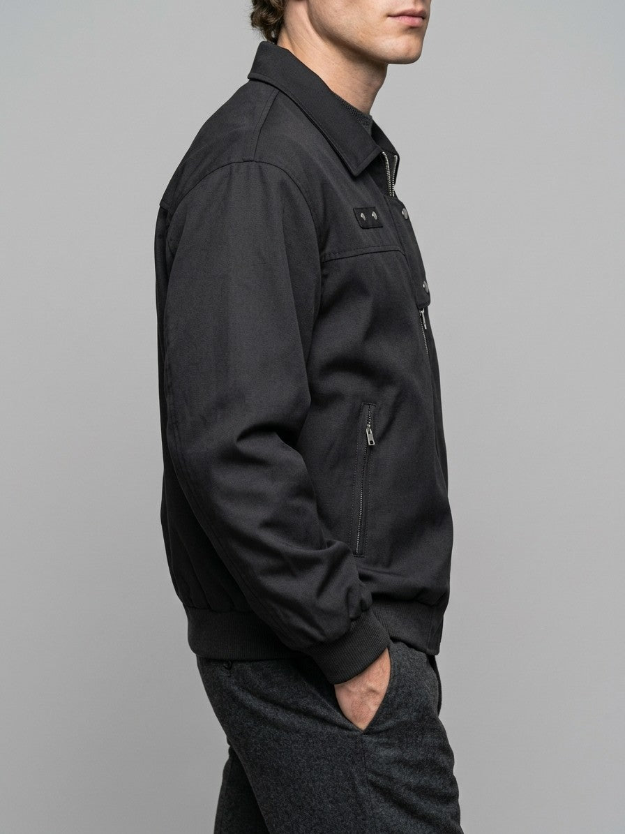 Acireale Men's Collared Snap-Tab Bomber Jacket — black — side