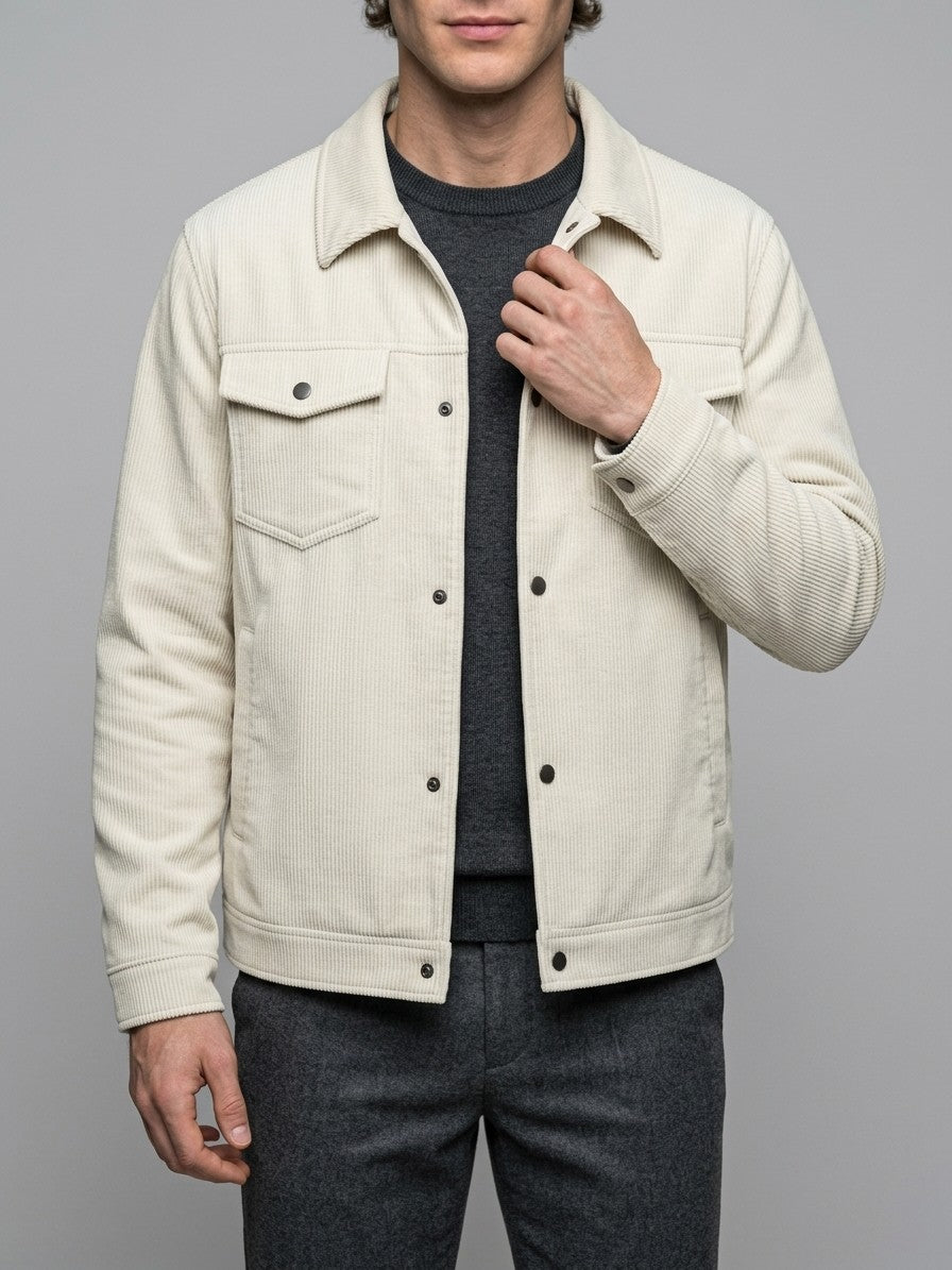 Acqui Men's Fine-Wale Corduroy Trucker Jacket — beige — front