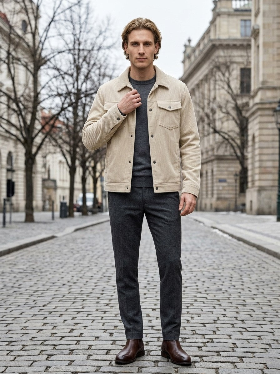 Acqui Men's Fine-Wale Corduroy Trucker Jacket — beige — lifestyle