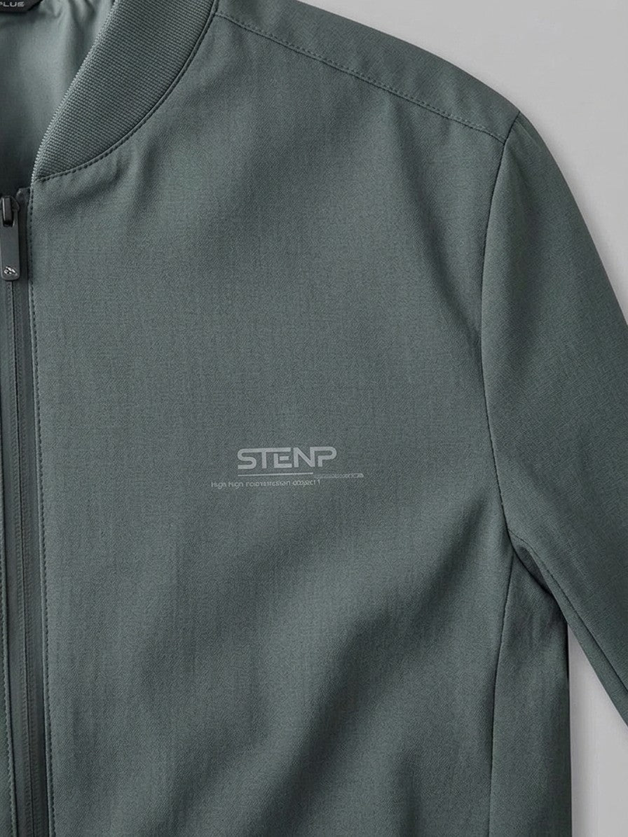 Adria Men's Minimalist Zip Bomber Jacket — graygreen — detail-collar