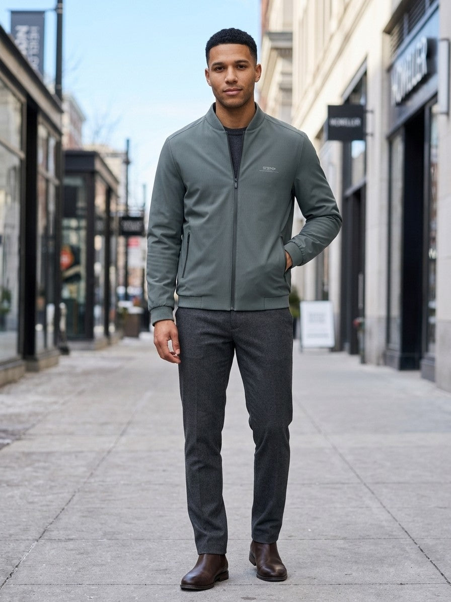 Adria Men's Minimalist Zip Bomber Jacket — graygreen — lifestyle