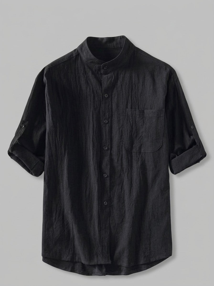 Adrian Men's Band Collar Roll-Sleeve Cotton-Blend Shirt — black — packshot