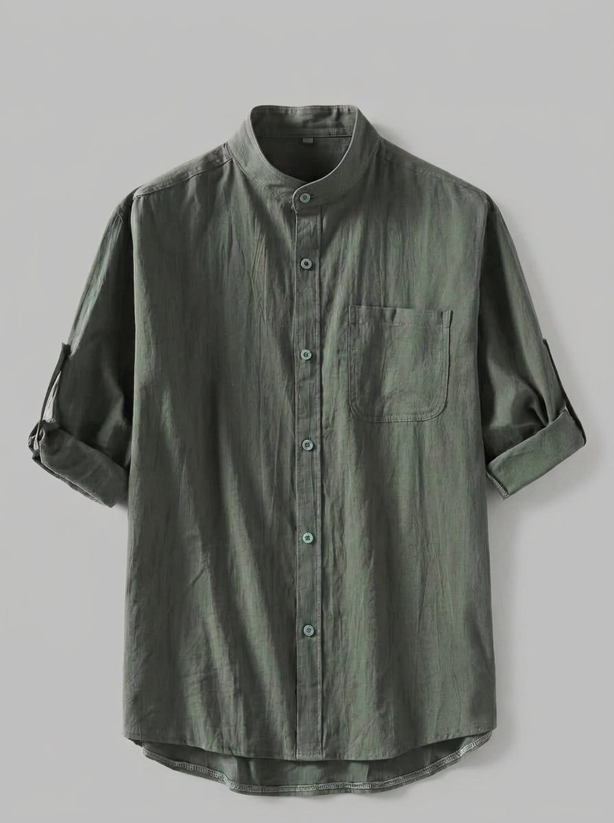 Adrian Men's Band Collar Roll-Sleeve Cotton-Blend Shirt — darkgreen — packshot