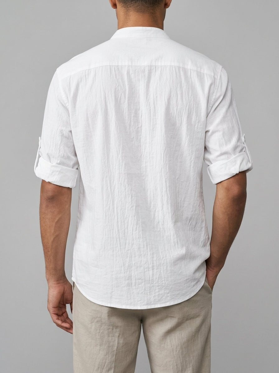 Adrian Men's Band Collar Roll-Sleeve Cotton-Blend Shirt — white — back