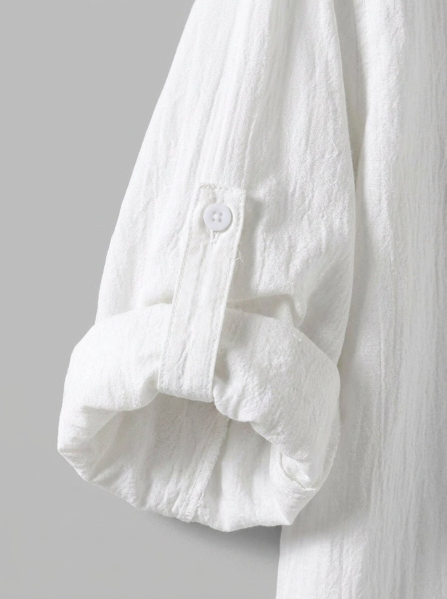 Adrian Men's Band Collar Roll-Sleeve Cotton-Blend Shirt — white — detail-2