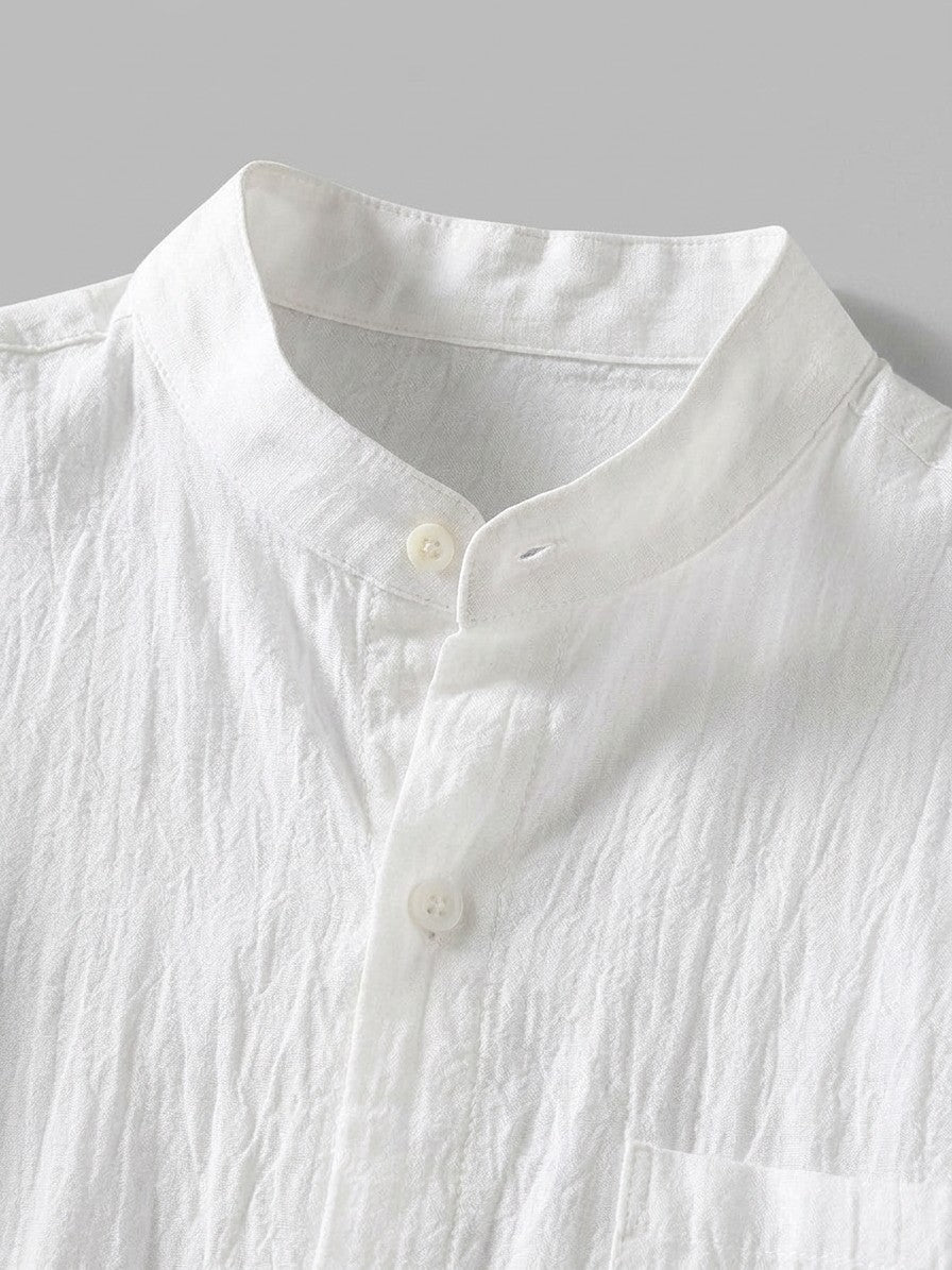 Adrian Men's Band Collar Roll-Sleeve Cotton-Blend Shirt — white — detail-collar