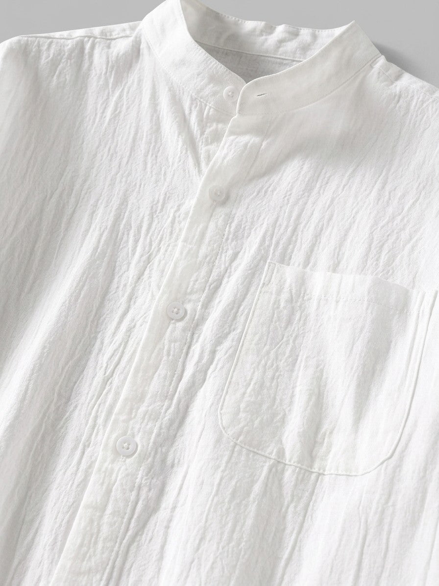 Adrian Men's Band Collar Roll-Sleeve Cotton-Blend Shirt — white — detail