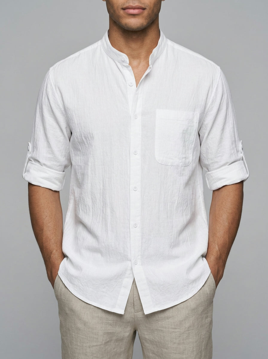 Adrian Men's Band Collar Roll-Sleeve Cotton-Blend Shirt — white — front
