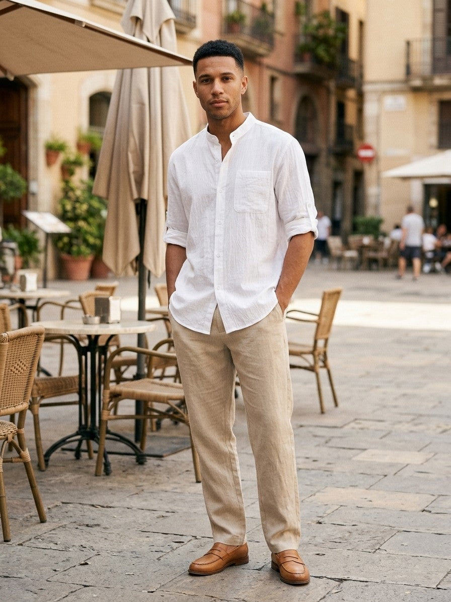 Adrian Men's Band Collar Roll-Sleeve Cotton-Blend Shirt — white — lifestyle