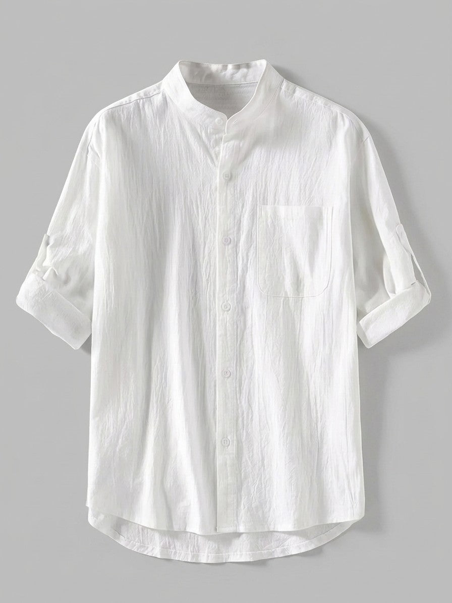 Adrian Men's Band Collar Roll-Sleeve Cotton-Blend Shirt — white — packshot