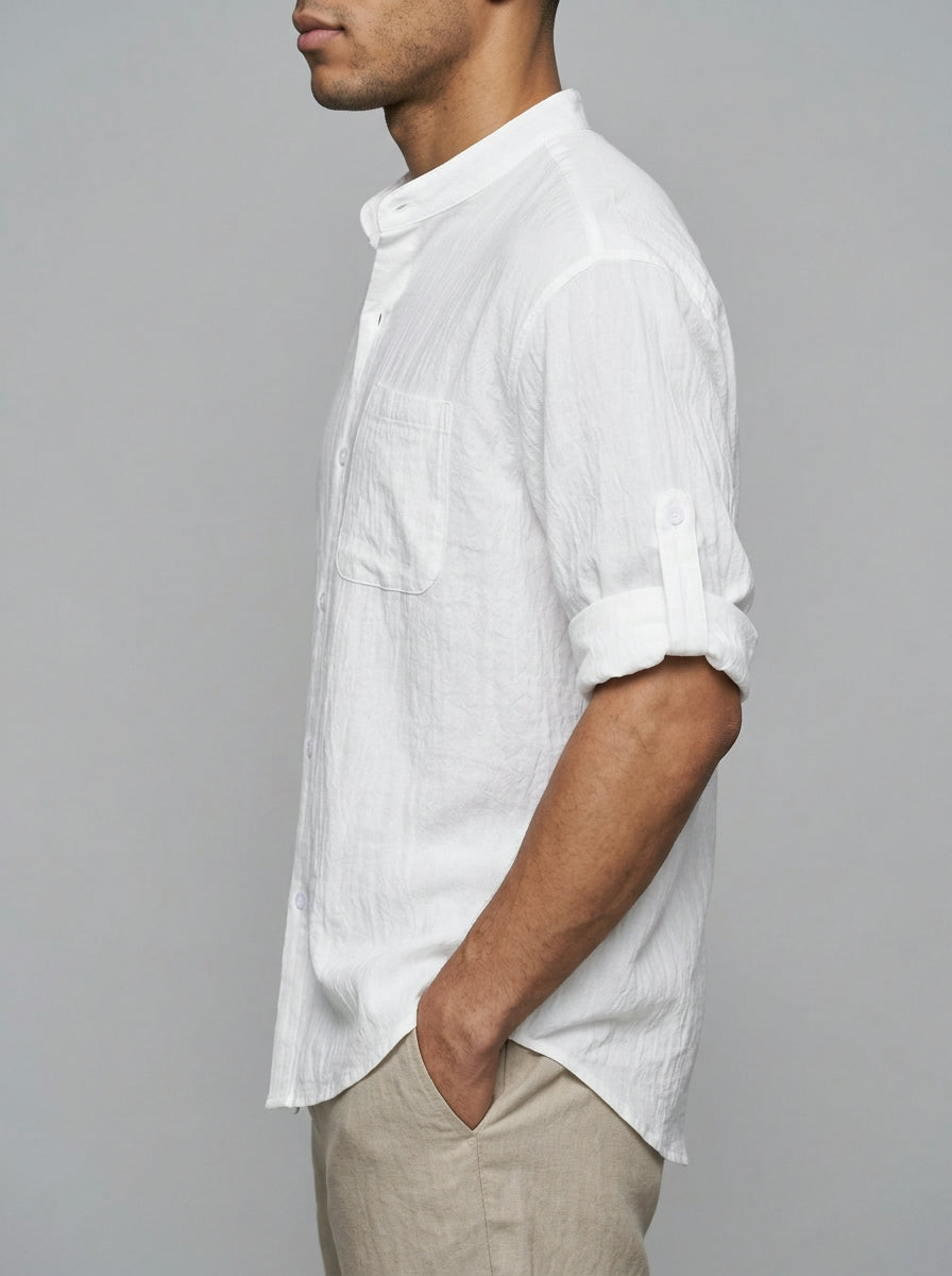 Adrian Men's Band Collar Roll-Sleeve Cotton-Blend Shirt — white — side