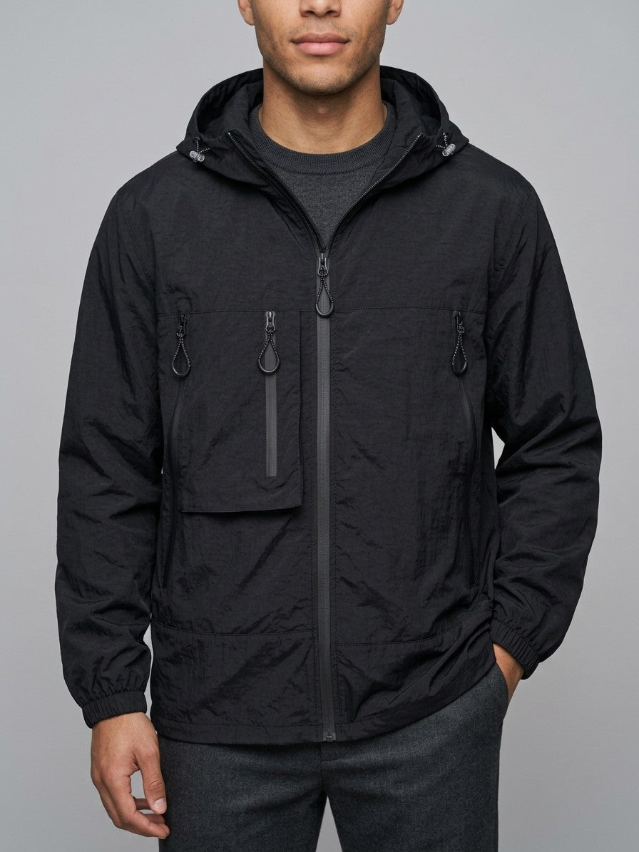 Agrigento Men's Hooded Utility Windbreaker — black — front