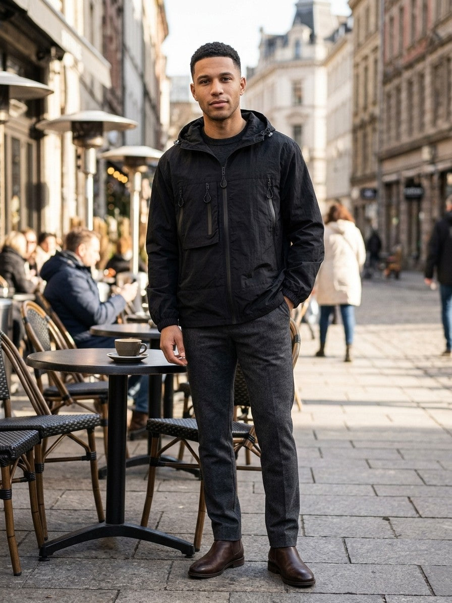 Agrigento Men's Hooded Utility Windbreaker — black — lifestyle