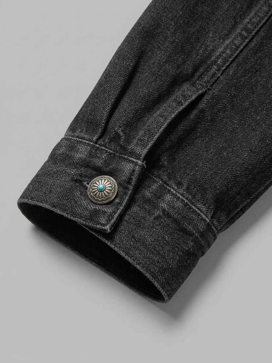 Agropoli Men's Studded Denim Trucker Jacket — black — detail-collar