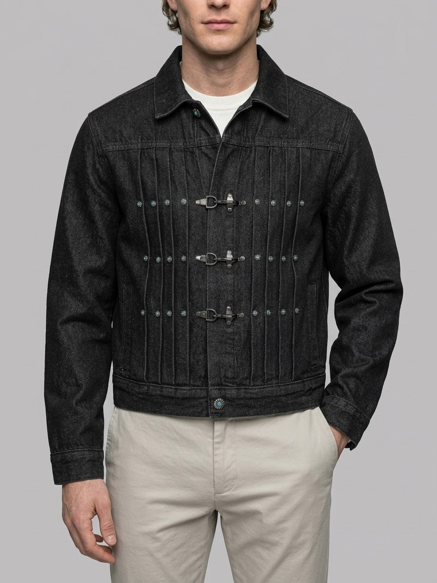 Agropoli Men's Studded Denim Trucker Jacket — black — front