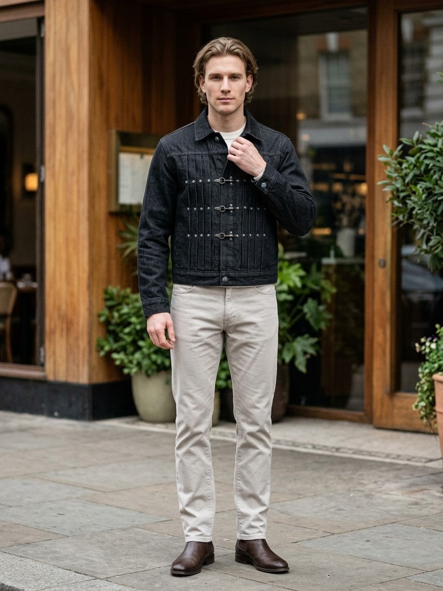 Agropoli Men's Studded Denim Trucker Jacket — black — lifestyle